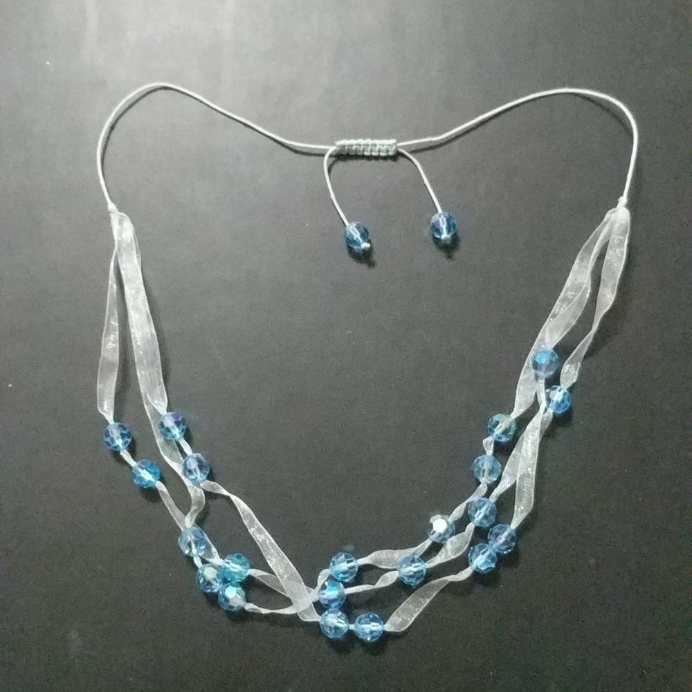 Blue Faceted Crystal Ribbon Slide Knot Necklace